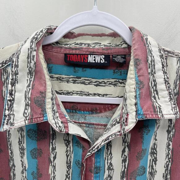 Vintage Today’s News Button Up Red White Blue Stripe Short Sleeve - Picture 3 of 8
